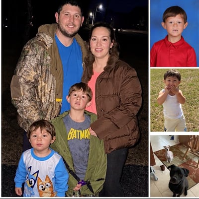 A family poses outdoors at night, with a man, woman, and two children. Beside them, a collage shows a boy in a red shirt, a child playing, and two dogs indoors.