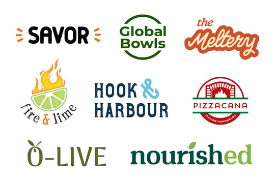 Logos of different HHS menu concepts are arranged in two columns. Styles vary, featuring elements like flames, limes, and nautical themes. Tone is vibrant and diverse.